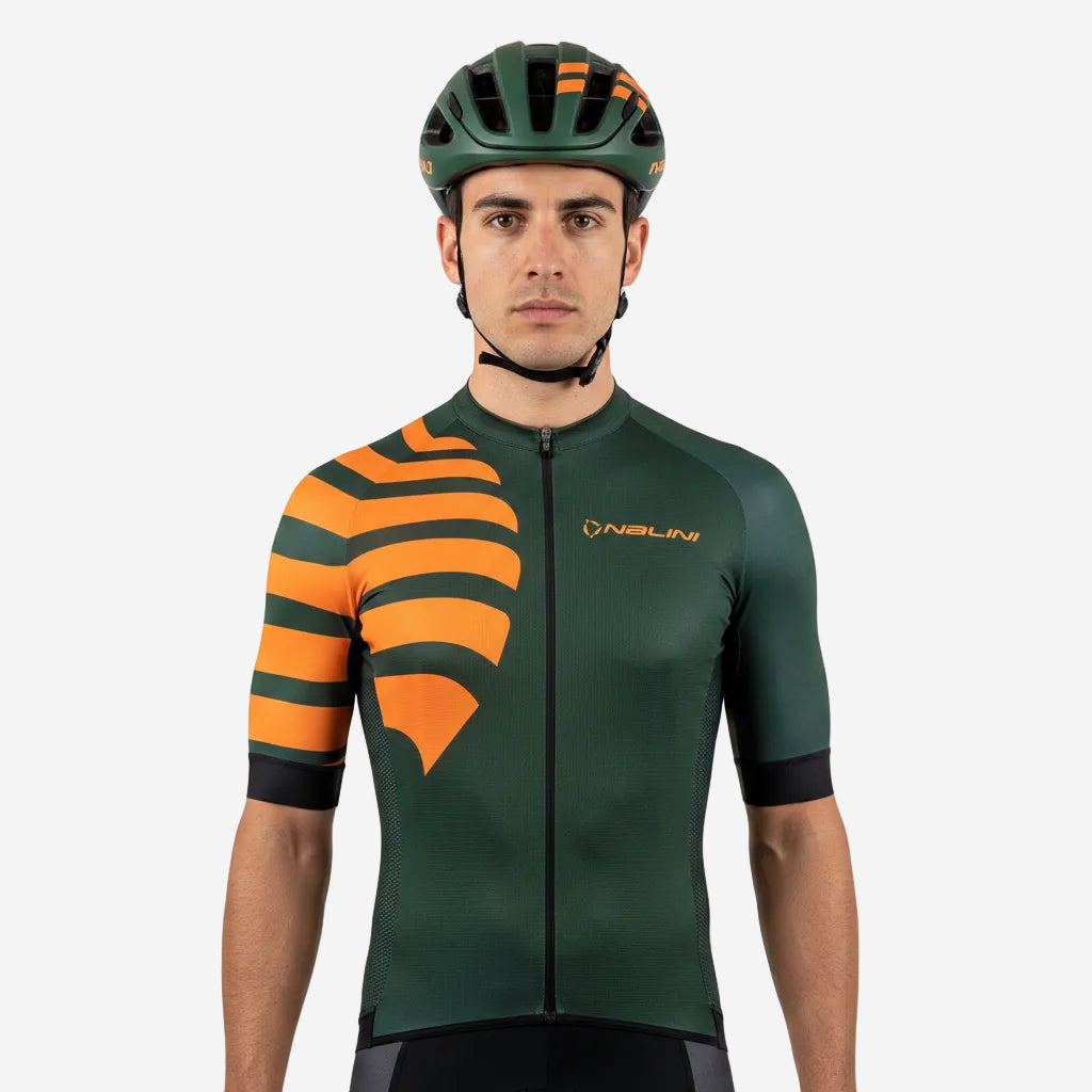 Nalini BAS STRIPES Men's Cycling Jersey | Forest Green/Papaya Orange