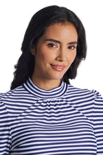 Women's Toscana Puff Sleeve Swim Top | White/Navy Stripe