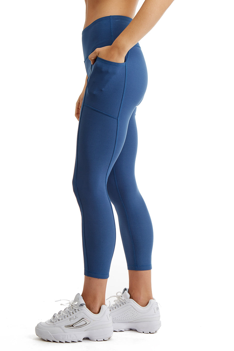 Women's 7/8 Legging in Strong Compressed Double Knit Polyester Blend Fabric with side Phone Pockets