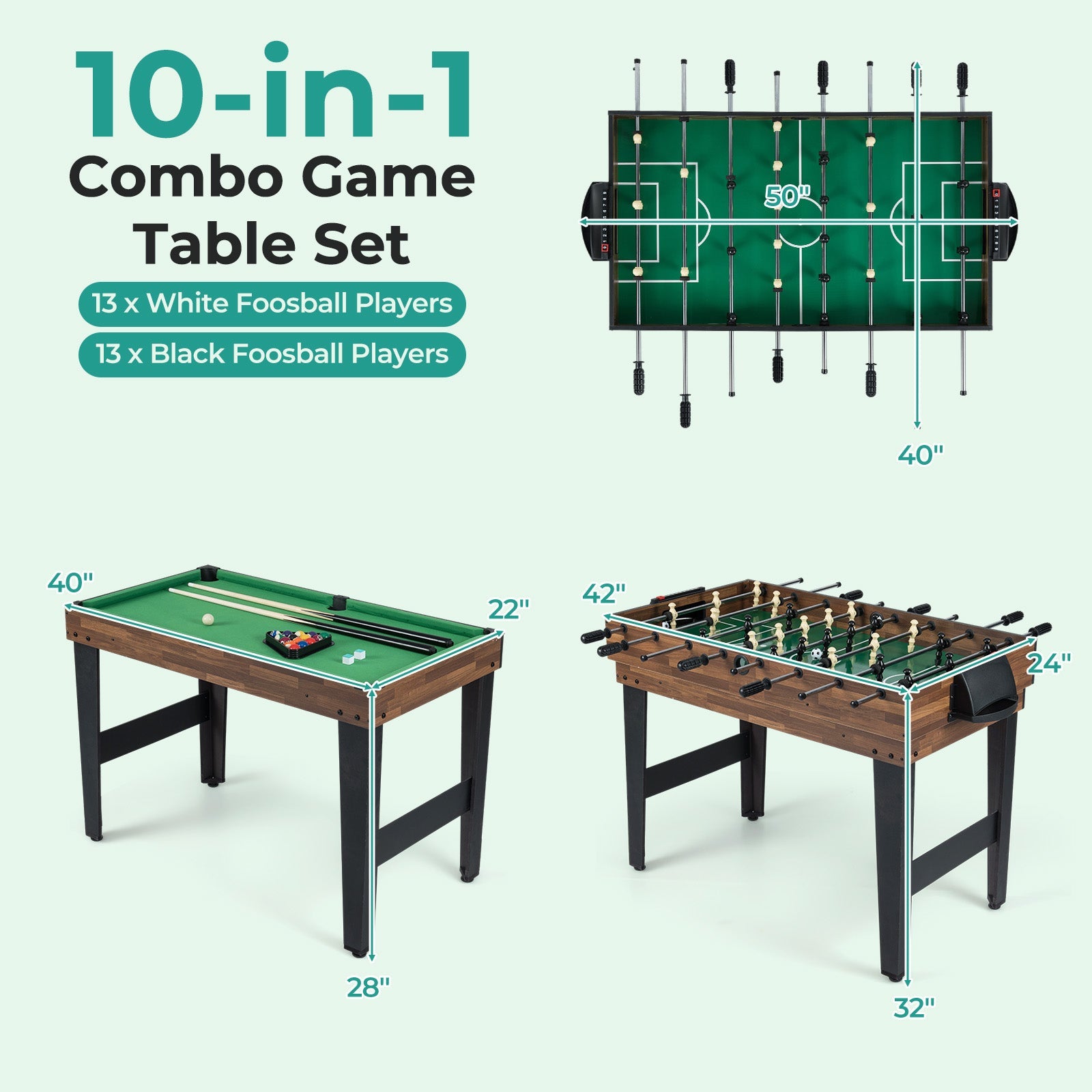 10-in-1 Combo Game Table Set 50" Multi-Game Table with Foosball | Brown