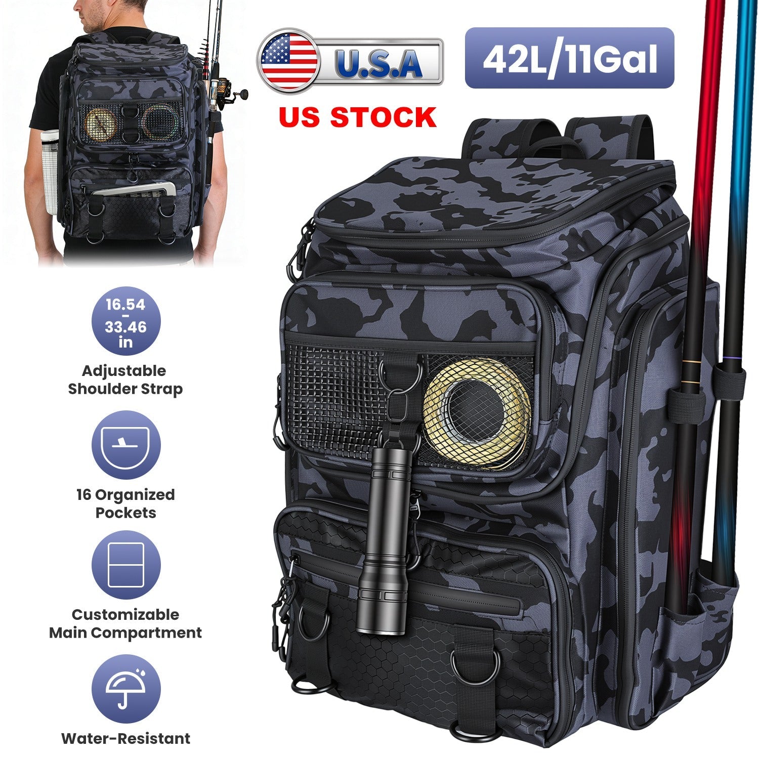 42L/11Gal Fishing Backpack Large Capacity with Rod Holders 16-Pocket WR with Divider Adjustable Padded Straps