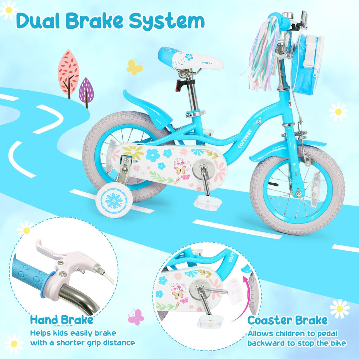 Girls Bike with Training Wheels and Front Bag | 12-18"