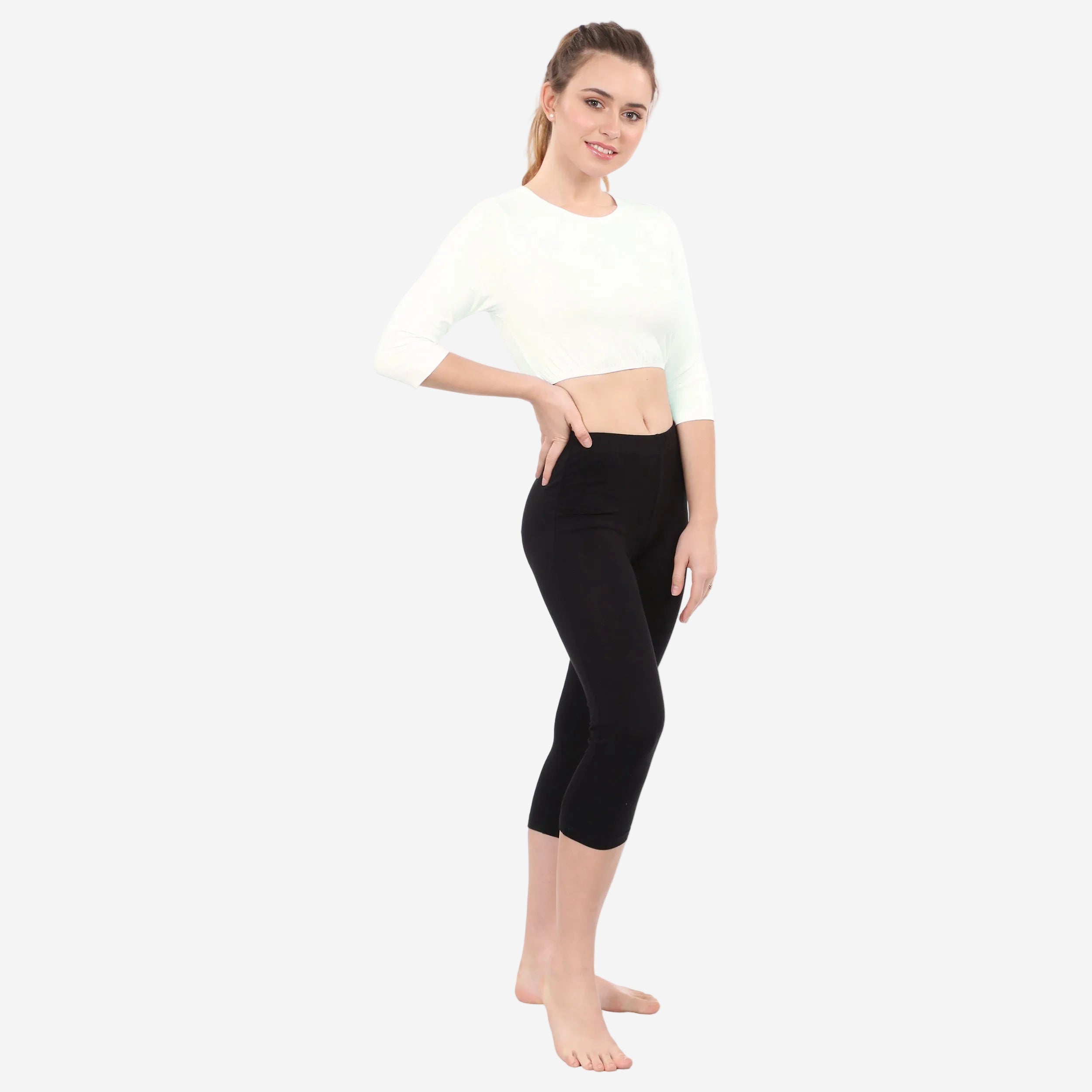 Modest Neck Cropped Layering | Cotton Spandex 3/4 Sleeve Shell Top