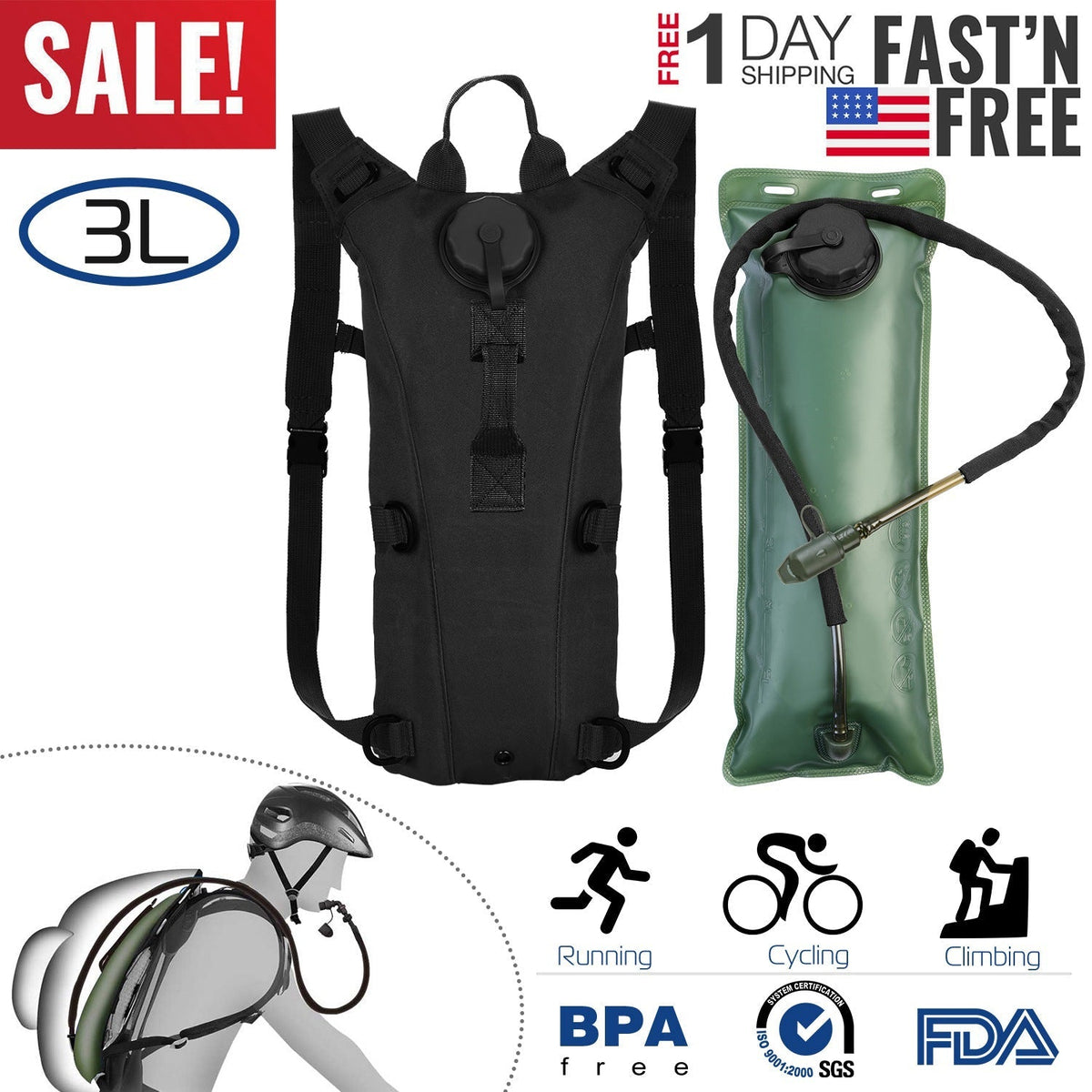iMounTEK Tactical Hydration Pack 3L Water Bladder | Adjustable Water Drink Backpack