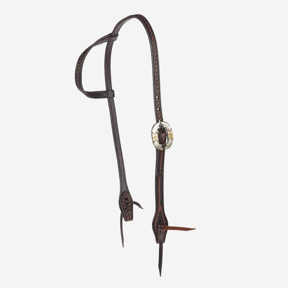WD-RTSEH-HO-15 Heavy Oiled Rope Tooling Floral Double Buckle Single Ear Headstall