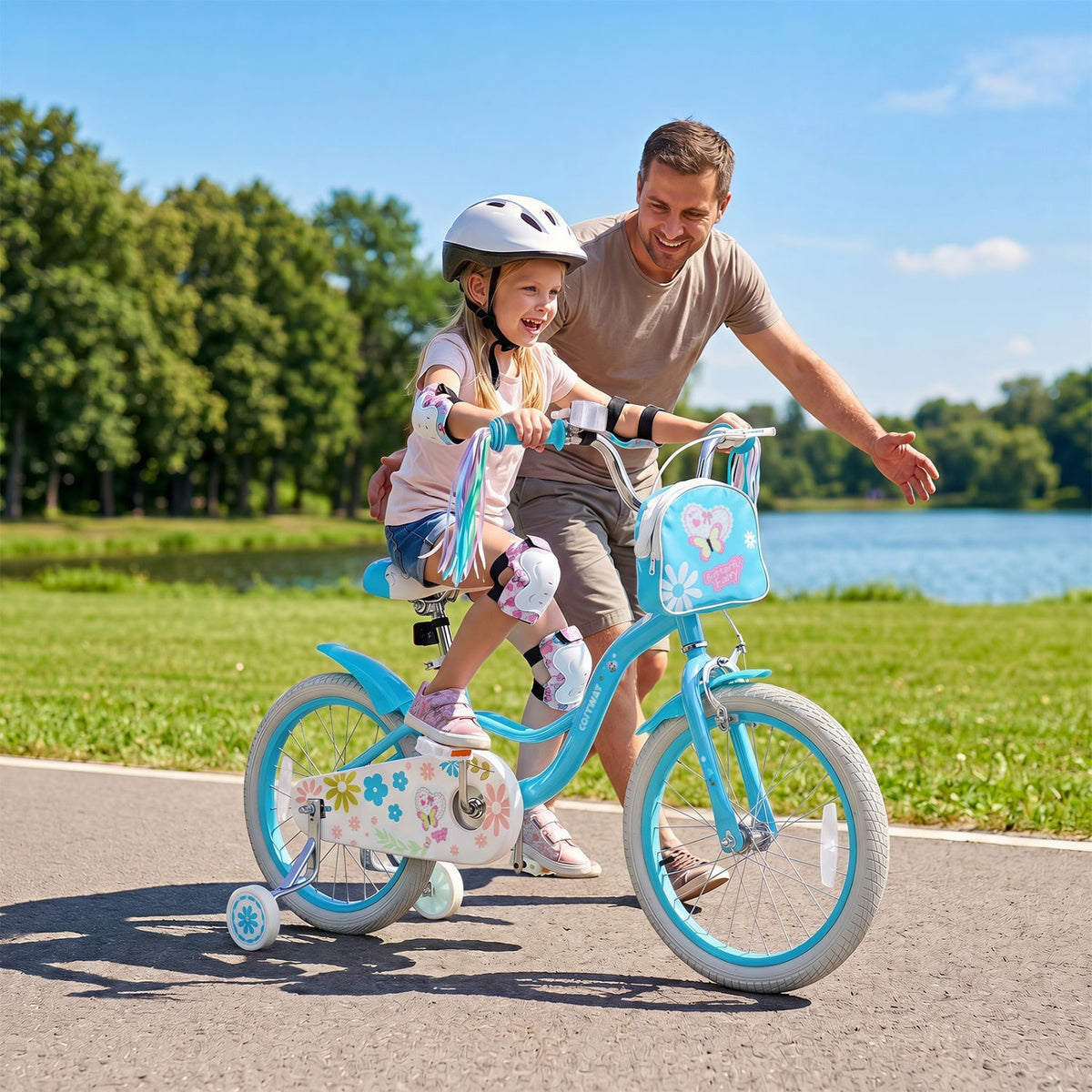 Girls Bike with Training Wheels and Front Bag | 12-18"
