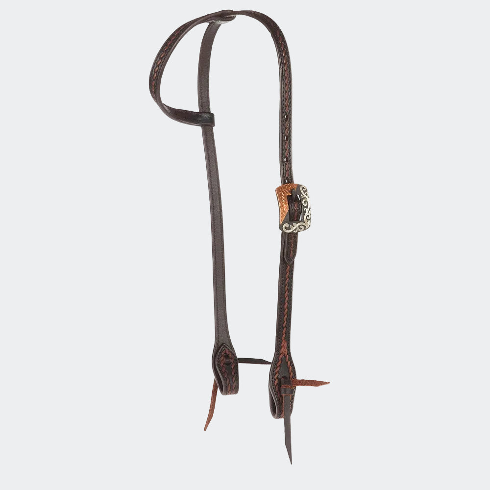 WD-RTSEH-HO-7 Heavy Oiled Rope Tooling Silver Scroll Copper Bar Double Buckle Single Ear Headstall