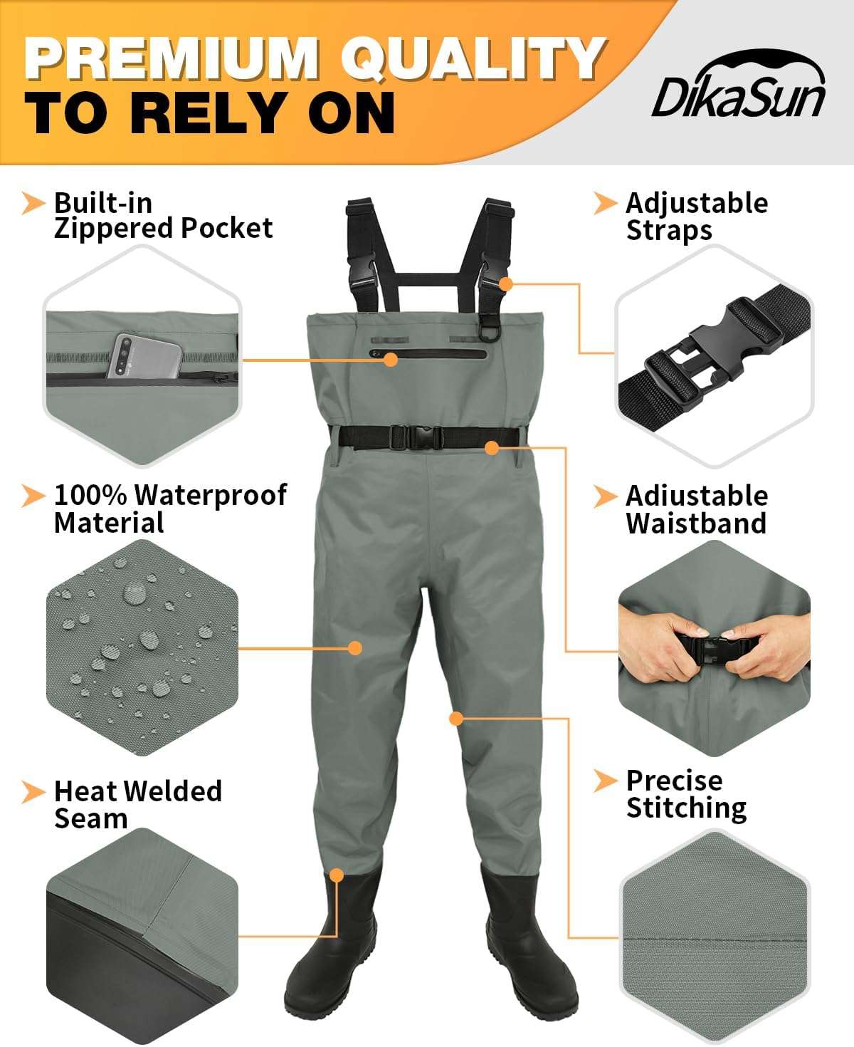 DikaSun Chest Waders with Boots | Lightweight Bootfoot Waders Duck Hunting & Fly Fishing | Grey