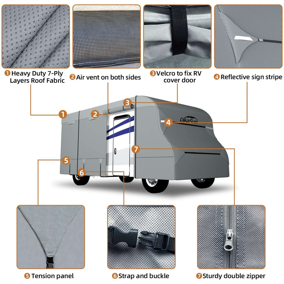 DikaSun 7 Layers Top Class C RV Cover Upgraded Tear Resistant Breathable Waterproof Ripstop Anti-UV Class C Camper RV Cover