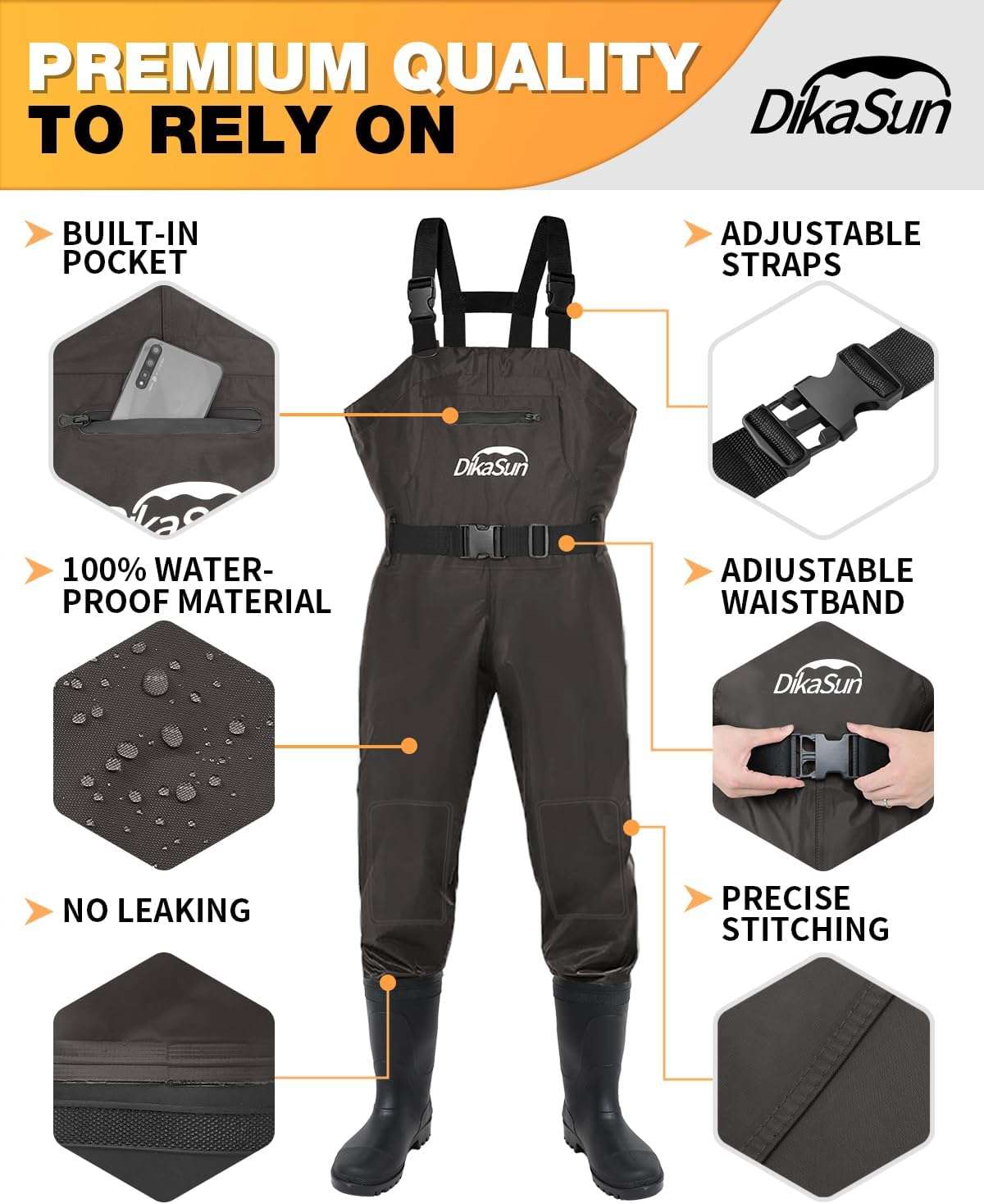 DikaSun Lightweight Bootfoot Chest Waders with Boots | Men & Women Fishing Waders for Duck Hunting & Fly Fishing | Brown
