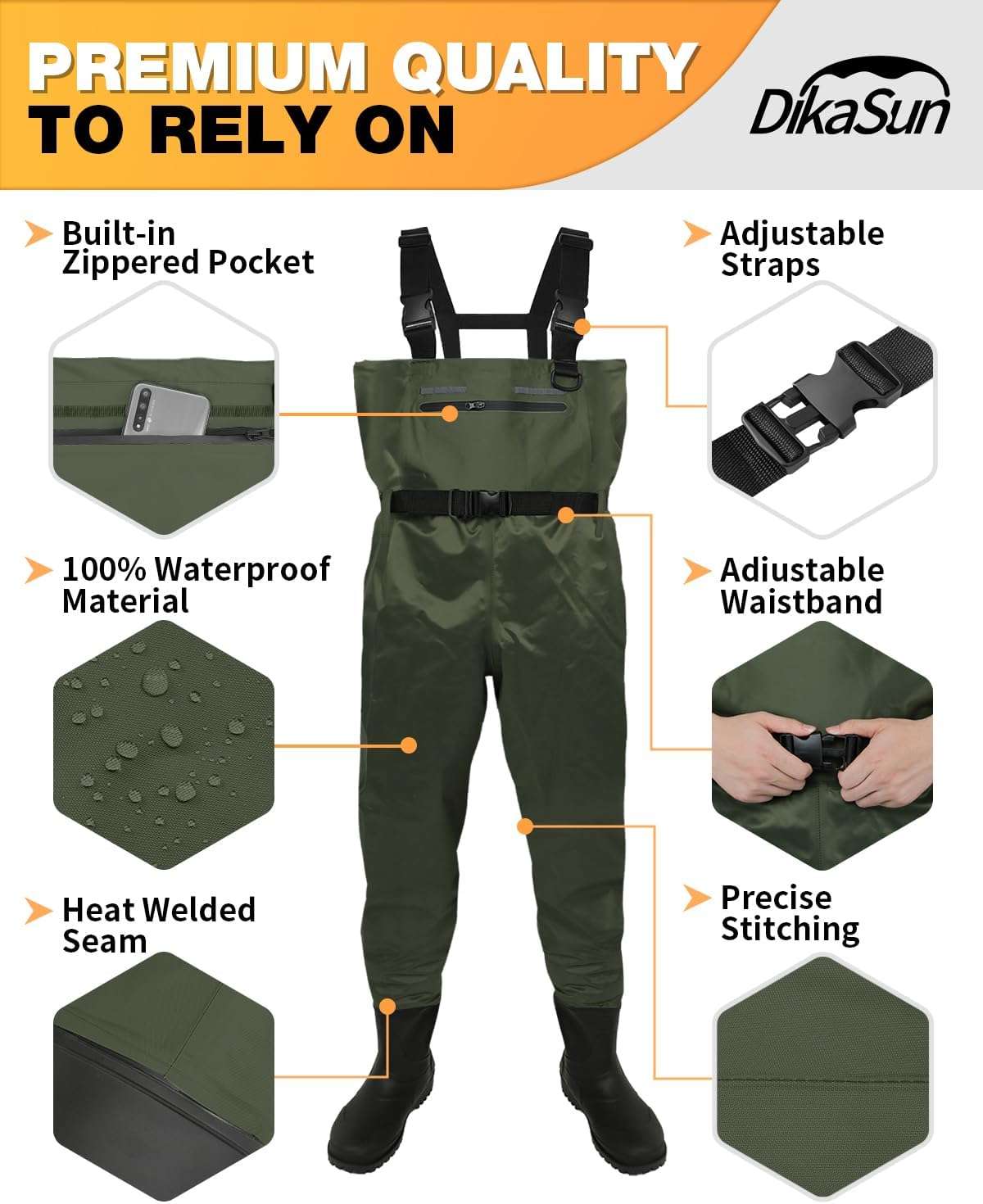 DikaSun Chest Waders with Boots | Lightweight Bootfoot Waders | Duck Hunting & Fly Fishing | Dark Green