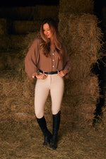 Lee | Mandarin Collar Button Blouse | Toasted Almond