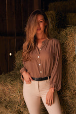 Lee | Mandarin Collar Button Blouse | Toasted Almond