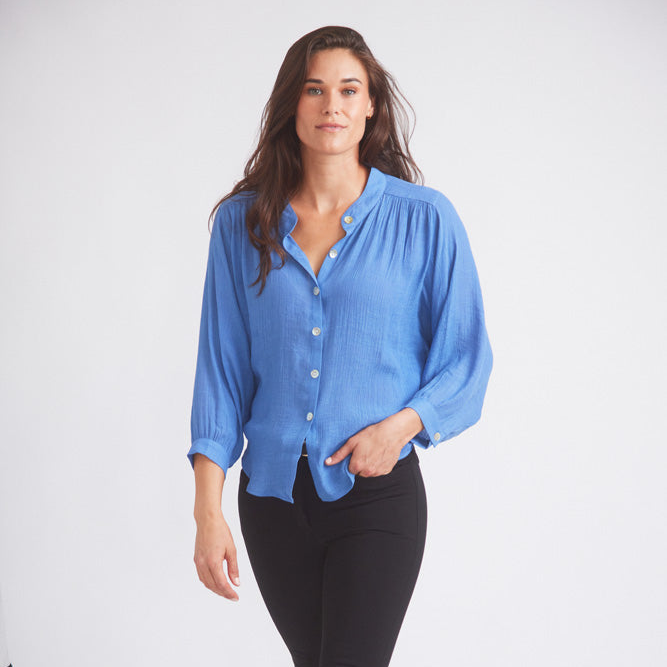 Lee | Mandarin Collar Button Blouse | French Blue