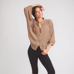 Lee | Mandarin Collar Button Blouse | Toasted Almond