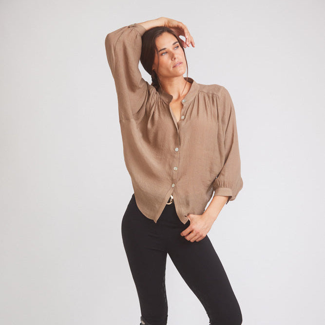 Lee | Mandarin Collar Button Blouse | Toasted Almond