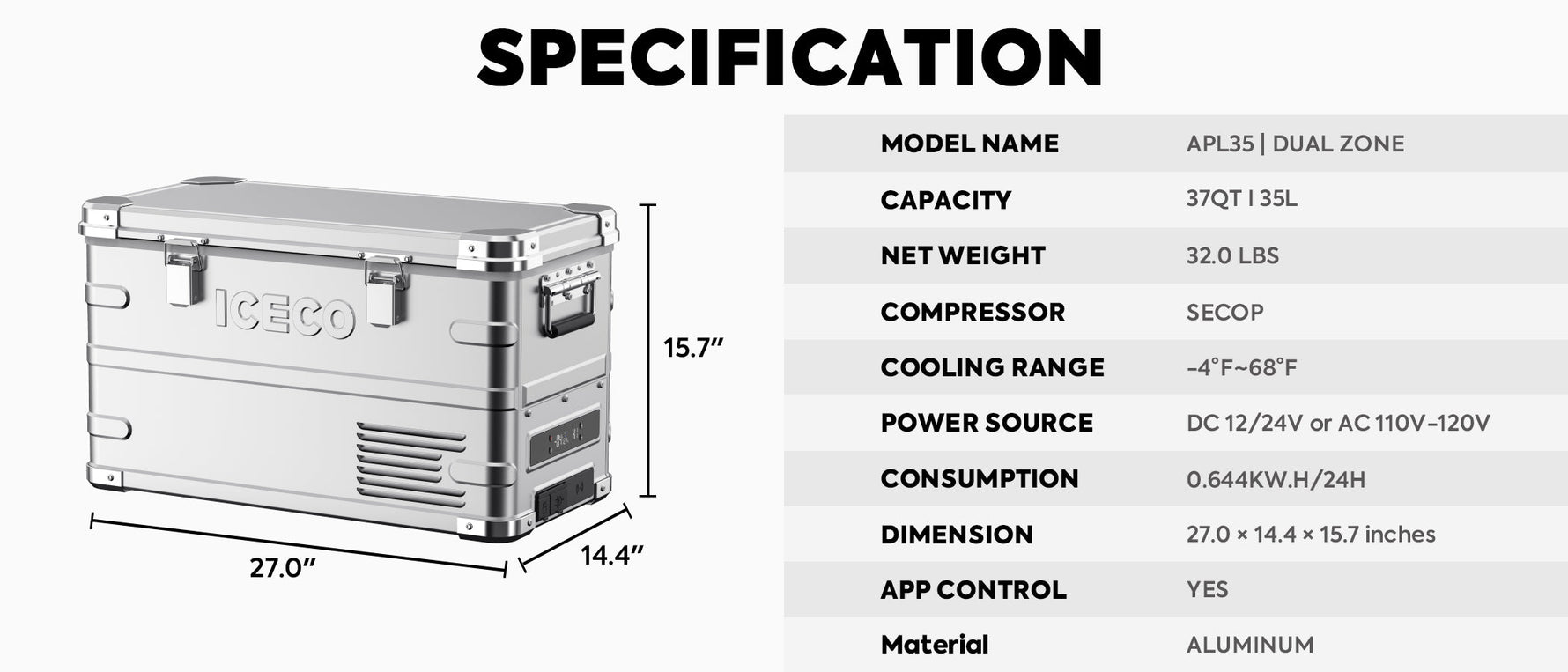APL35 Dual Zone Aluminum Fridge Refrigerator| ICECO | 35 LT