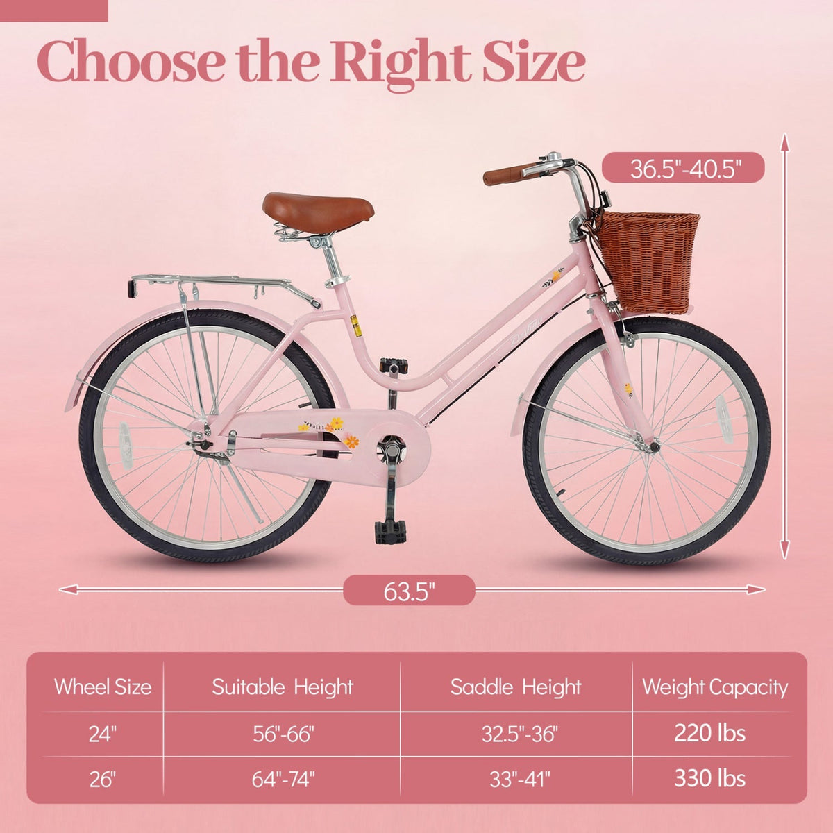 Beach Cruiser Bike for Women with Basket and Rear Rack | 24-26"