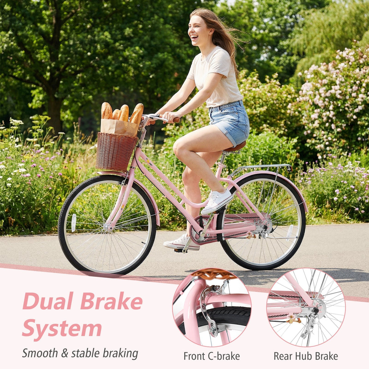 Beach Cruiser Bike for Women with Basket and Rear Rack | 24-26"
