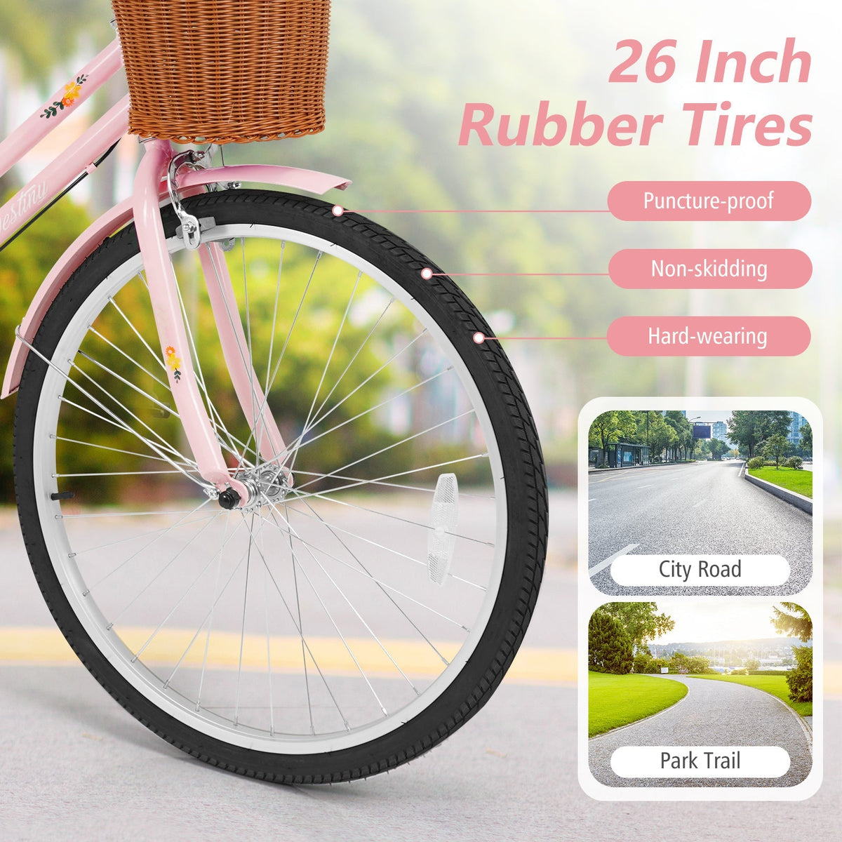 Beach Cruiser Bike for Women with Basket and Rear Rack | 24-26"