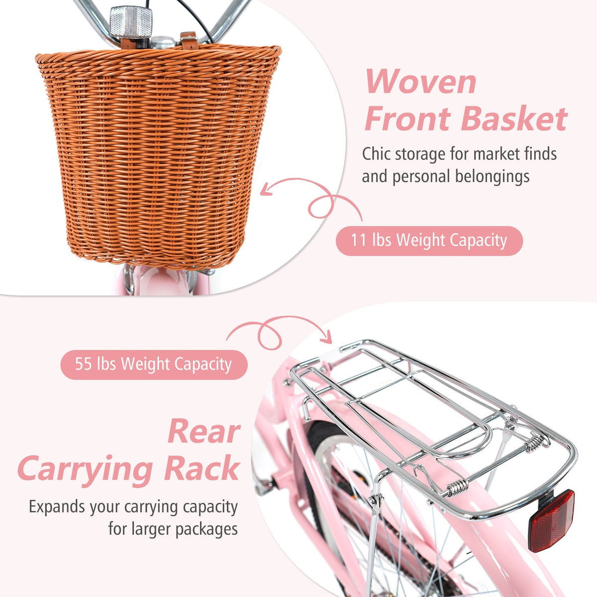 Beach Cruiser Bike for Women with Basket and Rear Rack | 24-26"