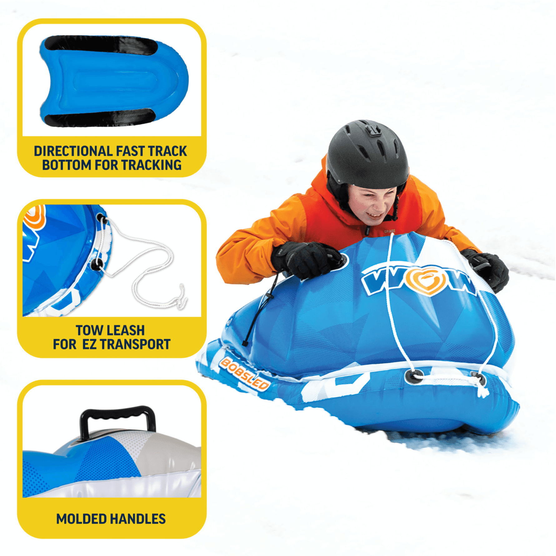 WOW Watersports Snow Tube Bobsled for Kids and Adults with Front Snow Shield