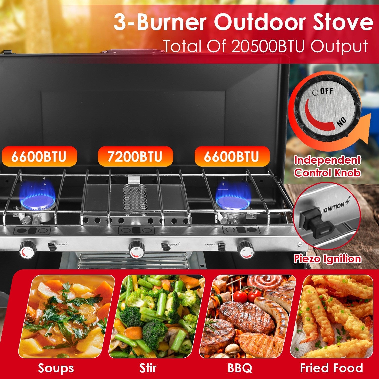 3-Burner Camping Stove 20000 BTU with Toast Tray | RV & Camping
