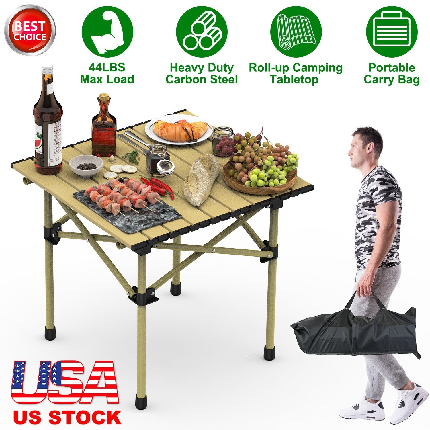 Folding Camping Carbon Steel Roll-Up Picnic & BBQ Table with Carry Bag