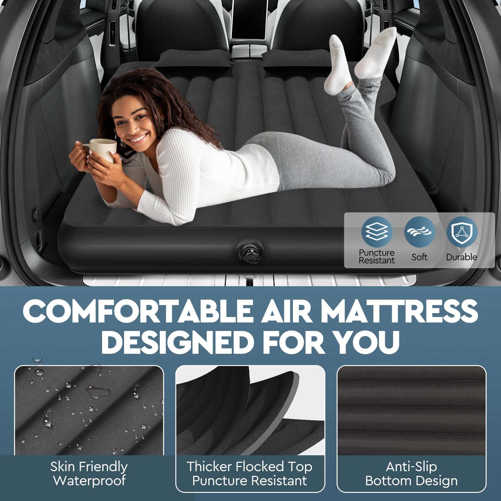 Tesla Model Y Mattress | Inflatable Camping Bed Air Mattress with Car Air Pump 2 Pillows