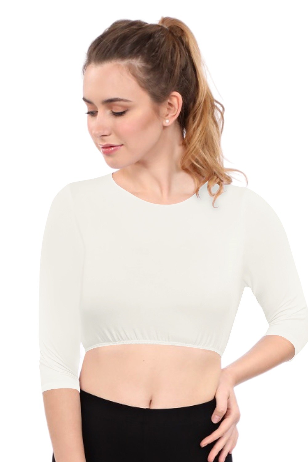 Modest Neck Cropped Layering | Cotton Spandex 3/4 Sleeve Shell Top