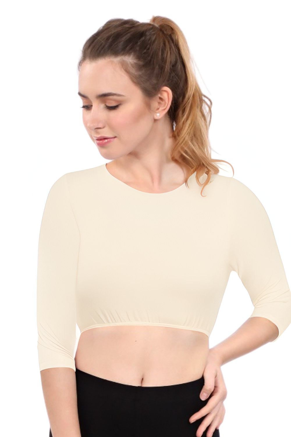 Modest Neck Cropped Layering | Cotton Spandex 3/4 Sleeve Shell Top