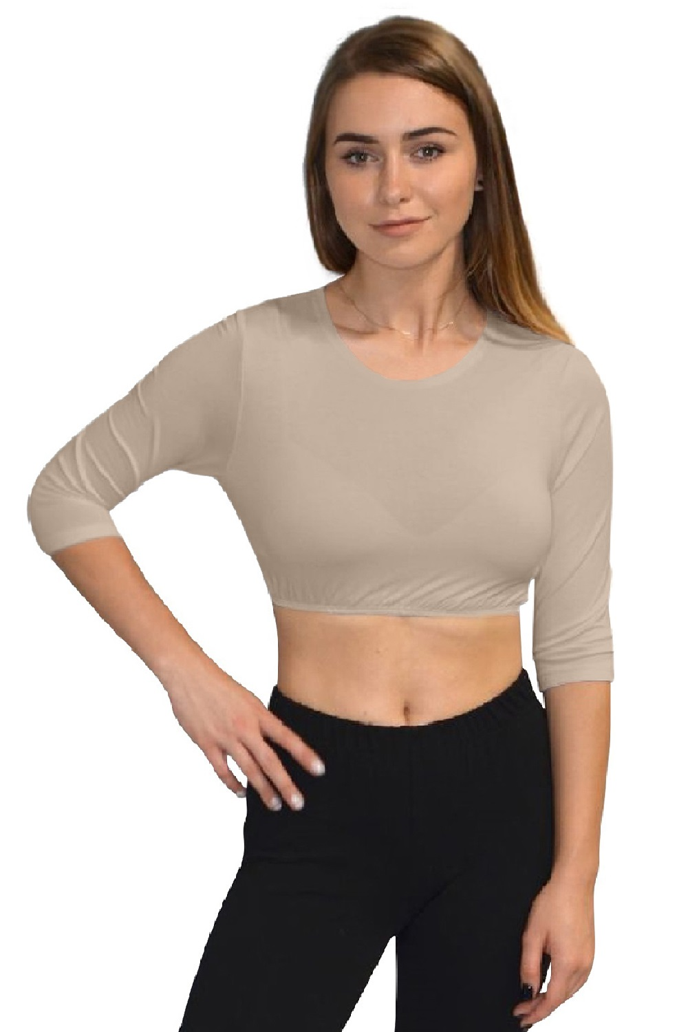 3/4 Sleeve Cropped Layering Shell in Viscose Spandex | Women's and Plus Sizes