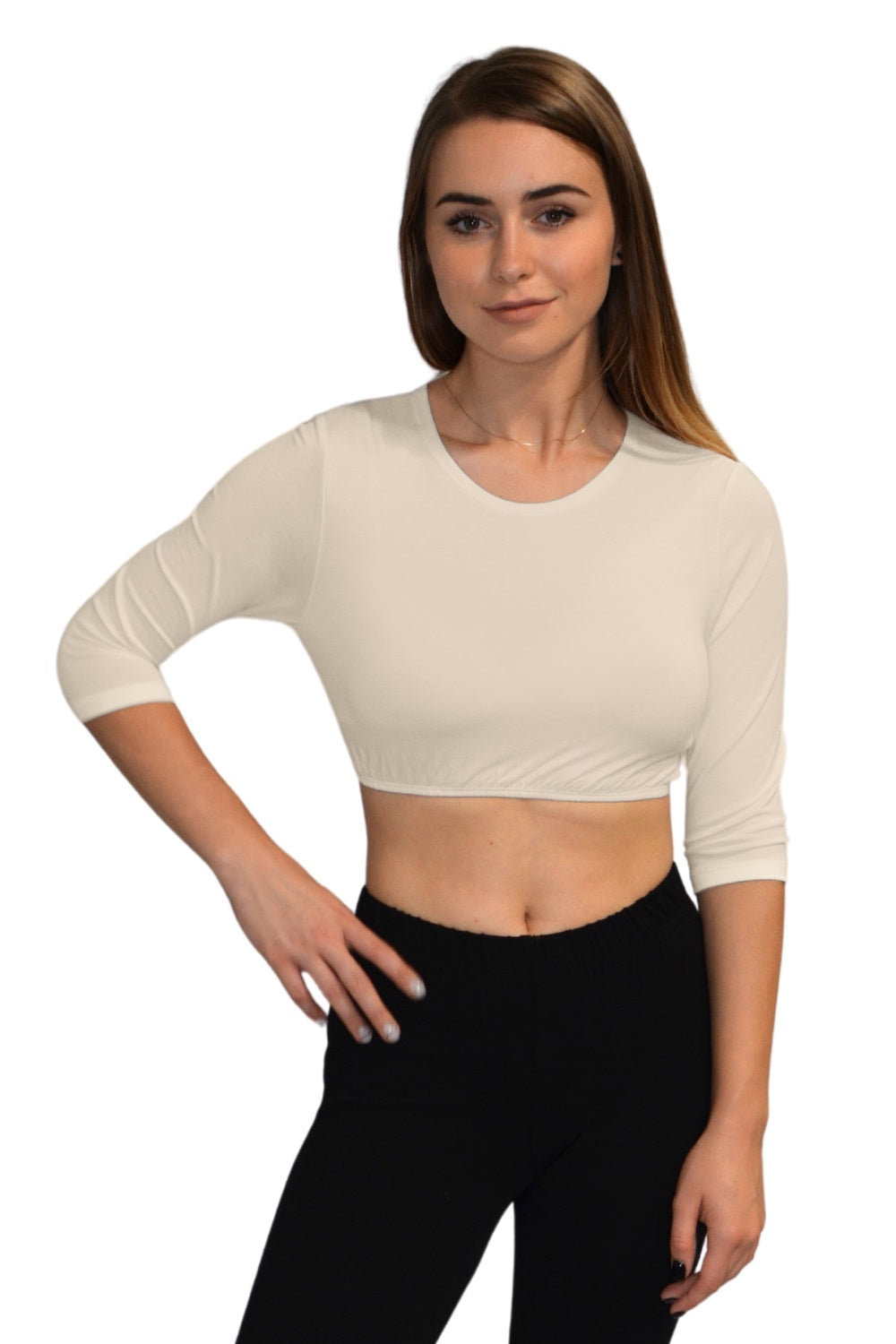 3/4 Sleeve Cropped Layering Shell in Viscose Spandex | Women's and Plus Sizes