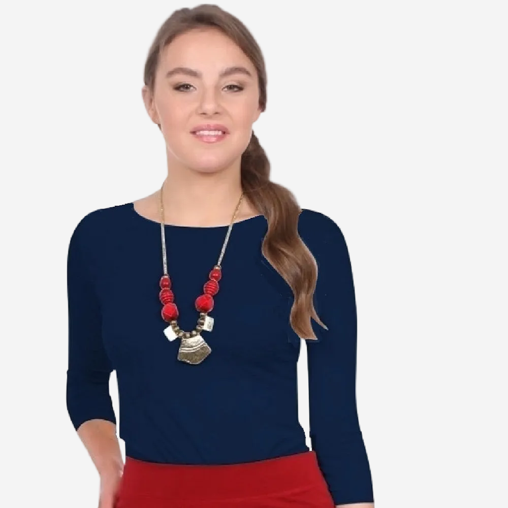 Fitted 3/4 Sleeve Layering Shell | High Round Neckline Slim-Fit Undershirt