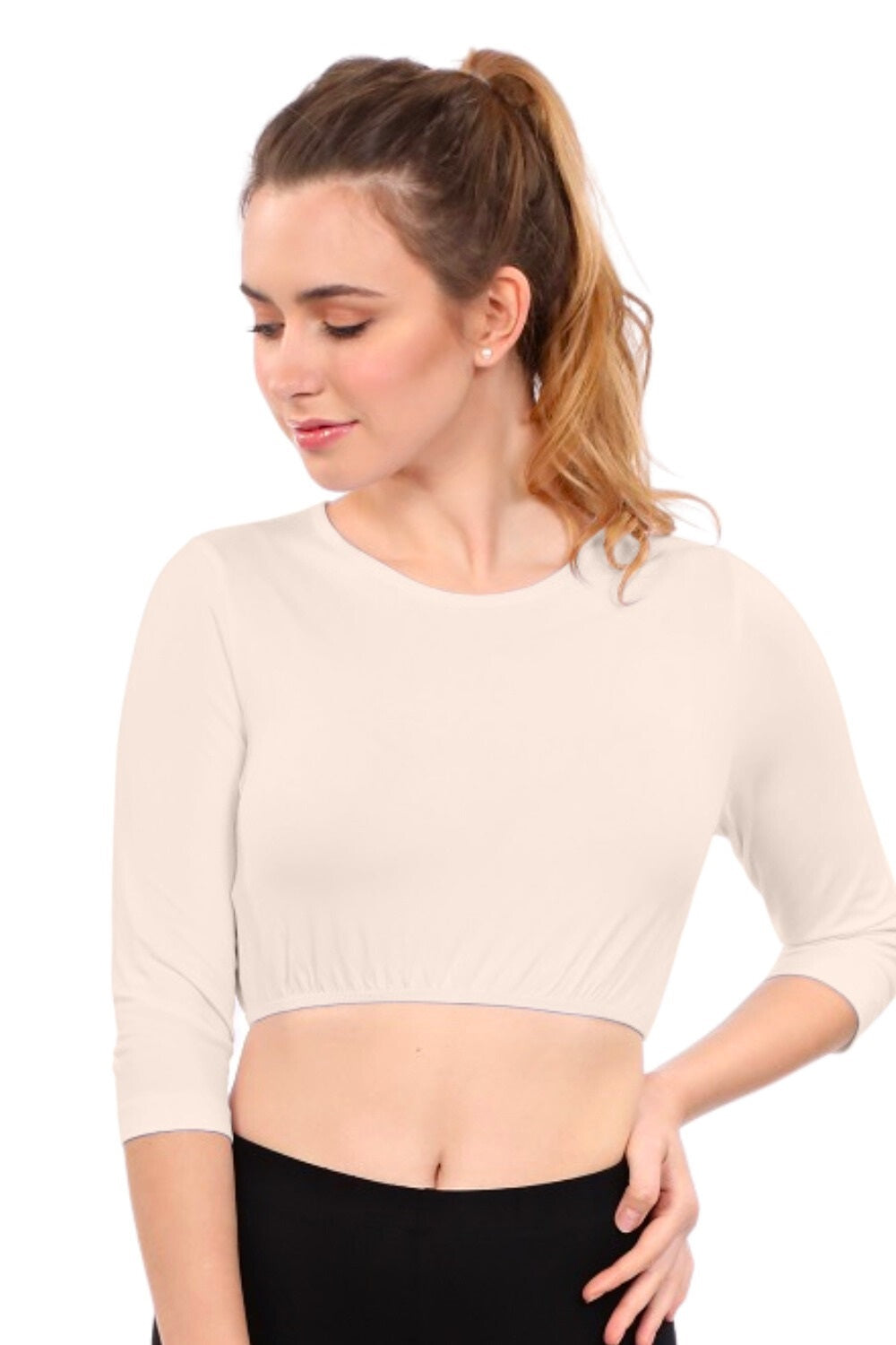 Modest Neck Cropped Layering | Cotton Spandex 3/4 Sleeve Shell Top