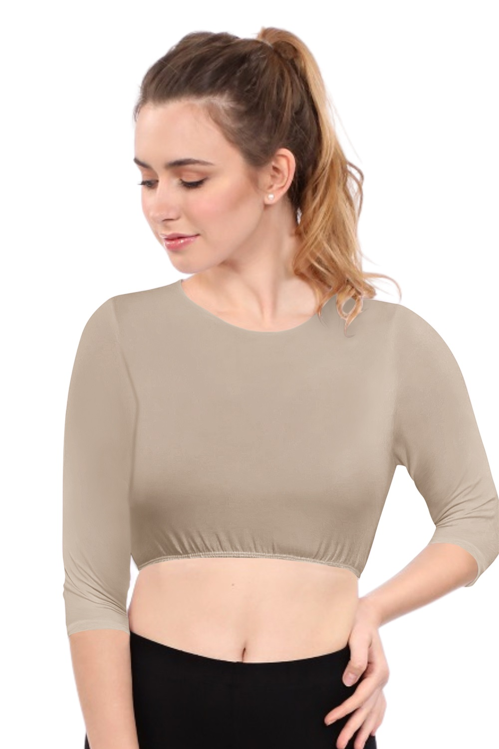 Modest Neck Cropped Layering | Cotton Spandex 3/4 Sleeve Shell Top
