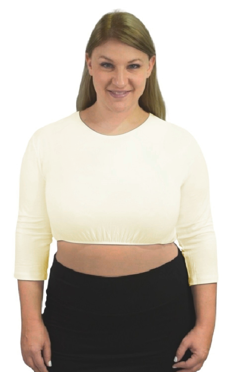 3/4 Sleeve Cropped Layering Shell in Viscose Spandex | Women's and Plus Sizes