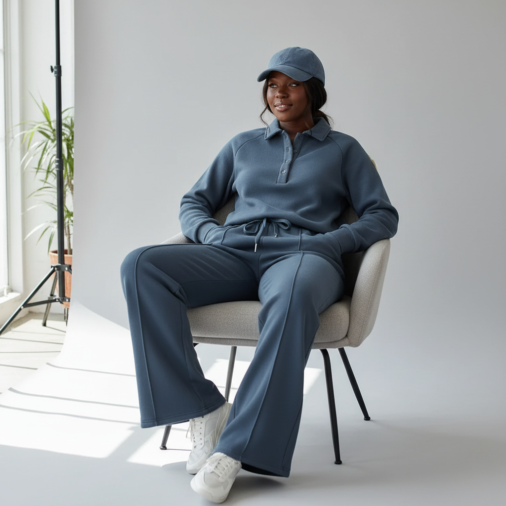Half-Buttoned Collar Sweatshirt & High Waist Pants Outfit Set