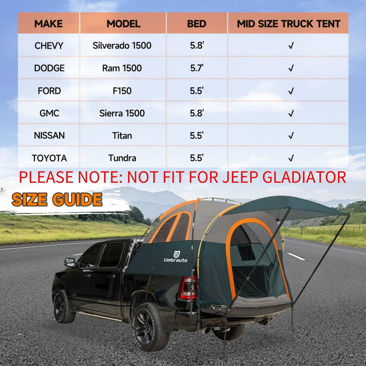 Umbrauto Truck Bed Tent with Awning | Fits 5.5-5.8' Truck Beds | PU3000mm Waterproof Pickup Tent