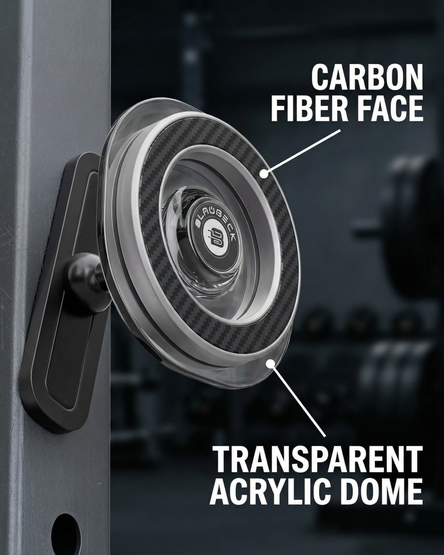 BLAUBECK Magnetic Gym Phone Holder | Carbon Fiber & Acrylic | 360° Ball Joint Mount for Squat Racks, Golf Carts & Metal Surfaces
