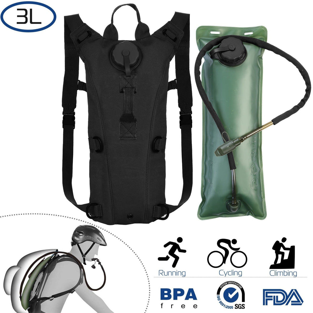 iMounTEK Tactical Hydration Pack 3L Water Bladder | Adjustable Water Drink Backpack