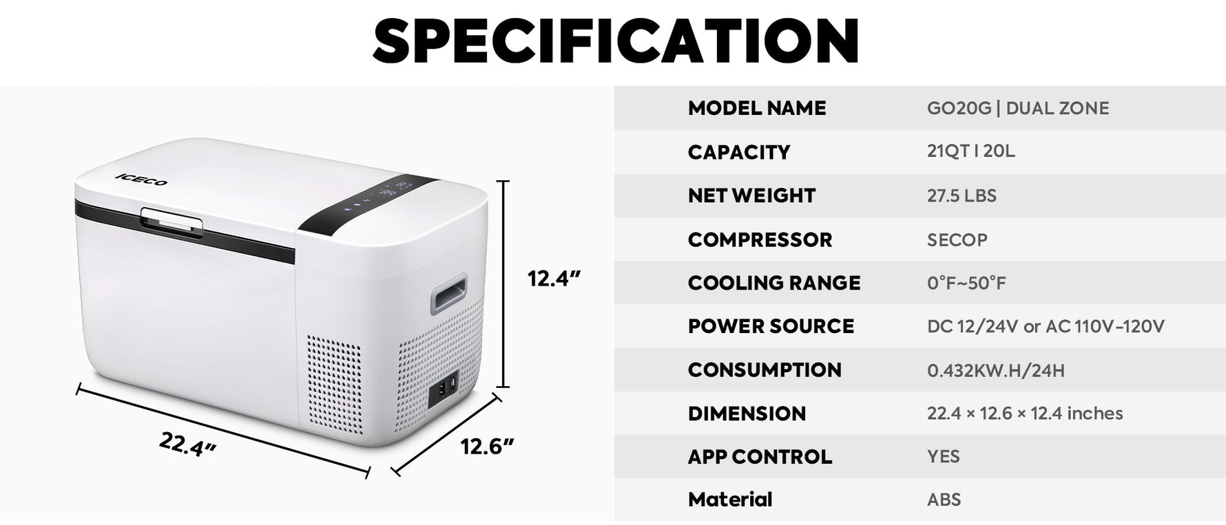 GO20 Dual Zone 12V Portable Freezer | White | ICECO | 20 LT