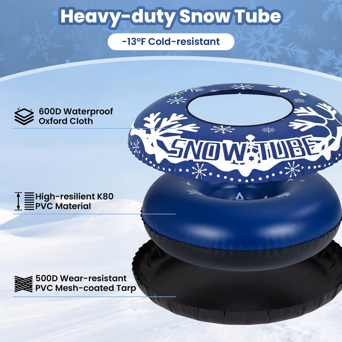 Heavy-Duty Inflatable Snow Tube with Detachable Tow Strap | 42"