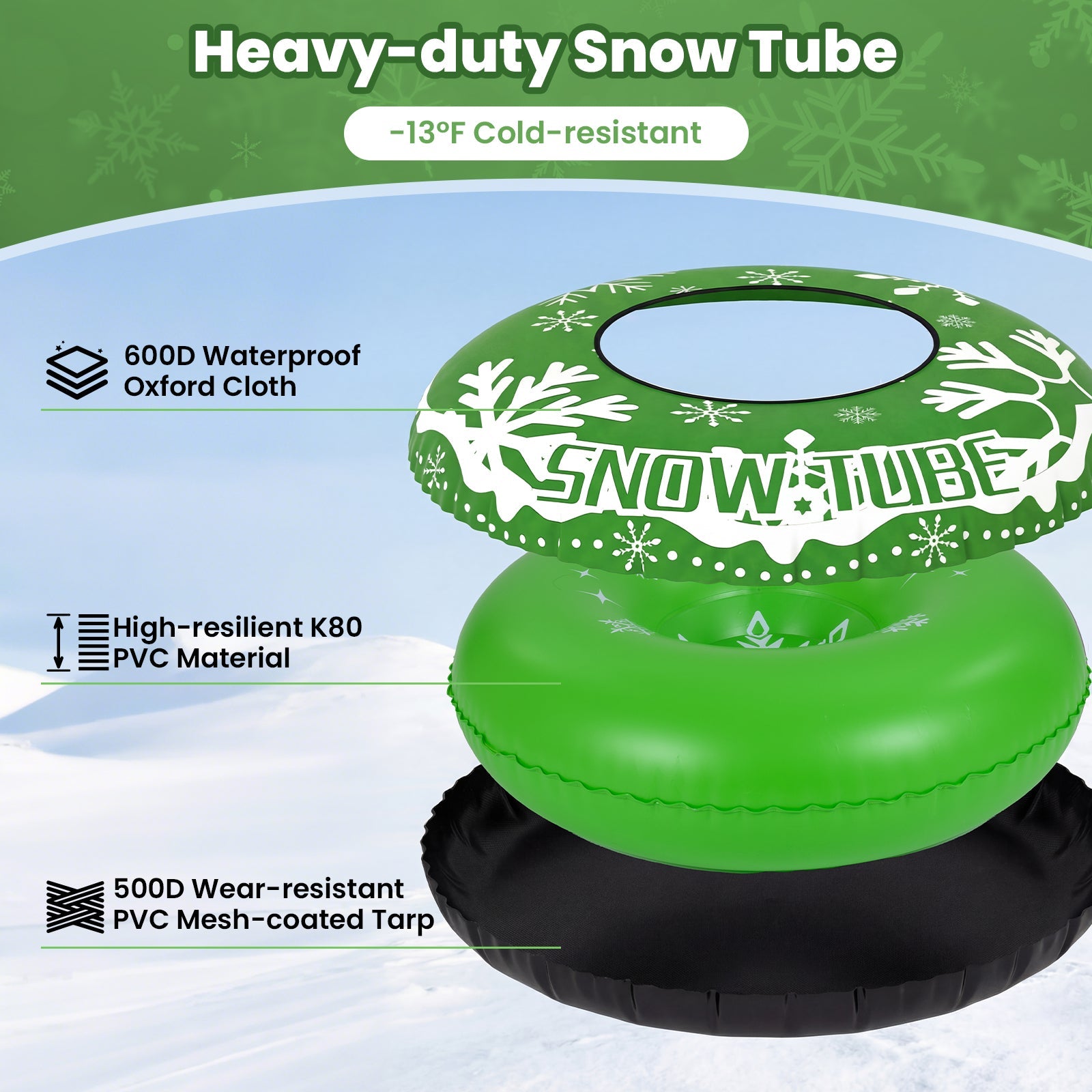 Heavy-Duty Inflatable Snow Tube with Detachable Tow Strap | 42"