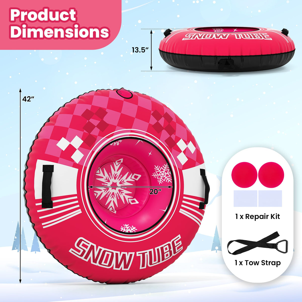 Heavy-Duty Inflatable Snow Tube with Detachable Tow Strap | 42"