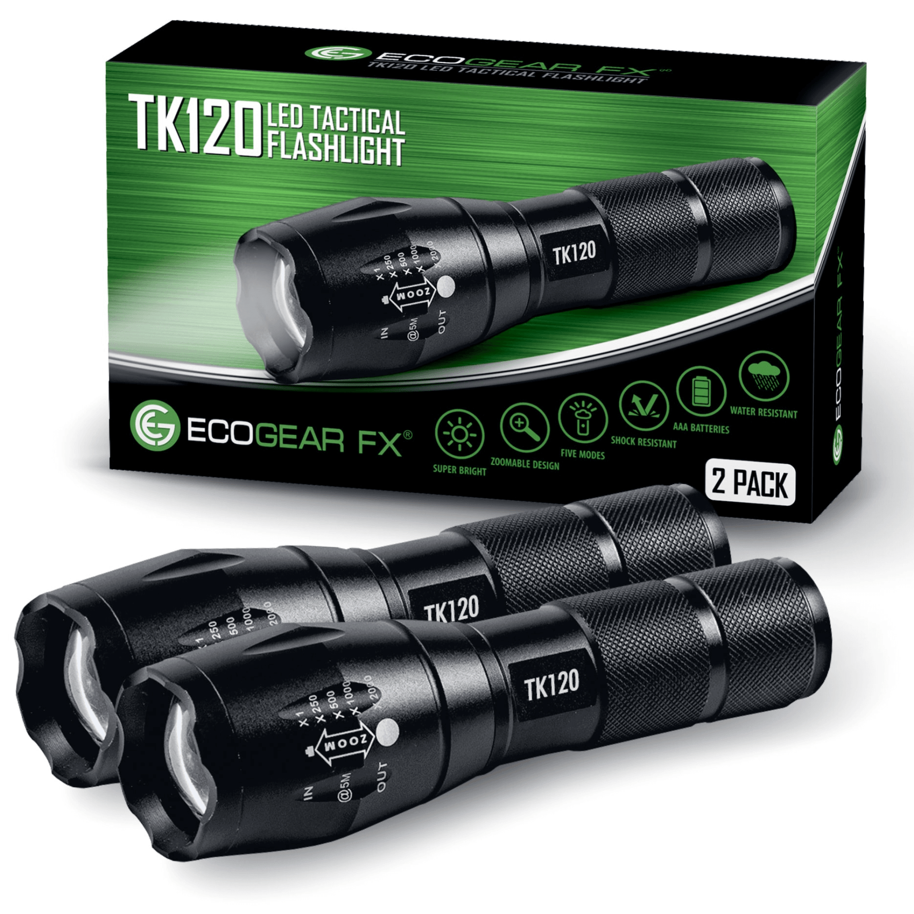 EcoGear FX TK120 LED Tactical Flashlight with Strobe | 2-Pack