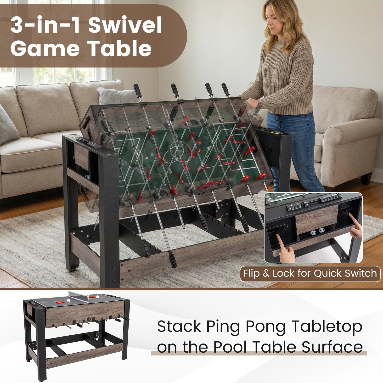 49" Combo Game Table with Pool Billiards | Brown