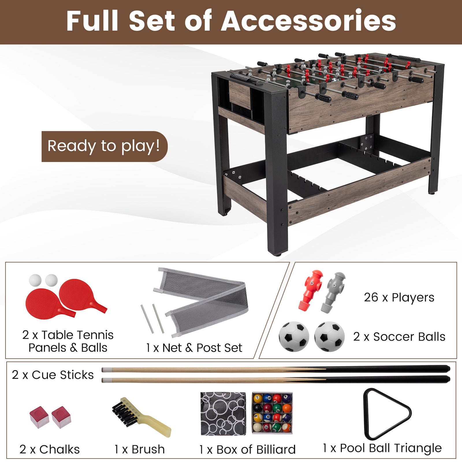 49" Combo Game Table with Pool Billiards | Brown