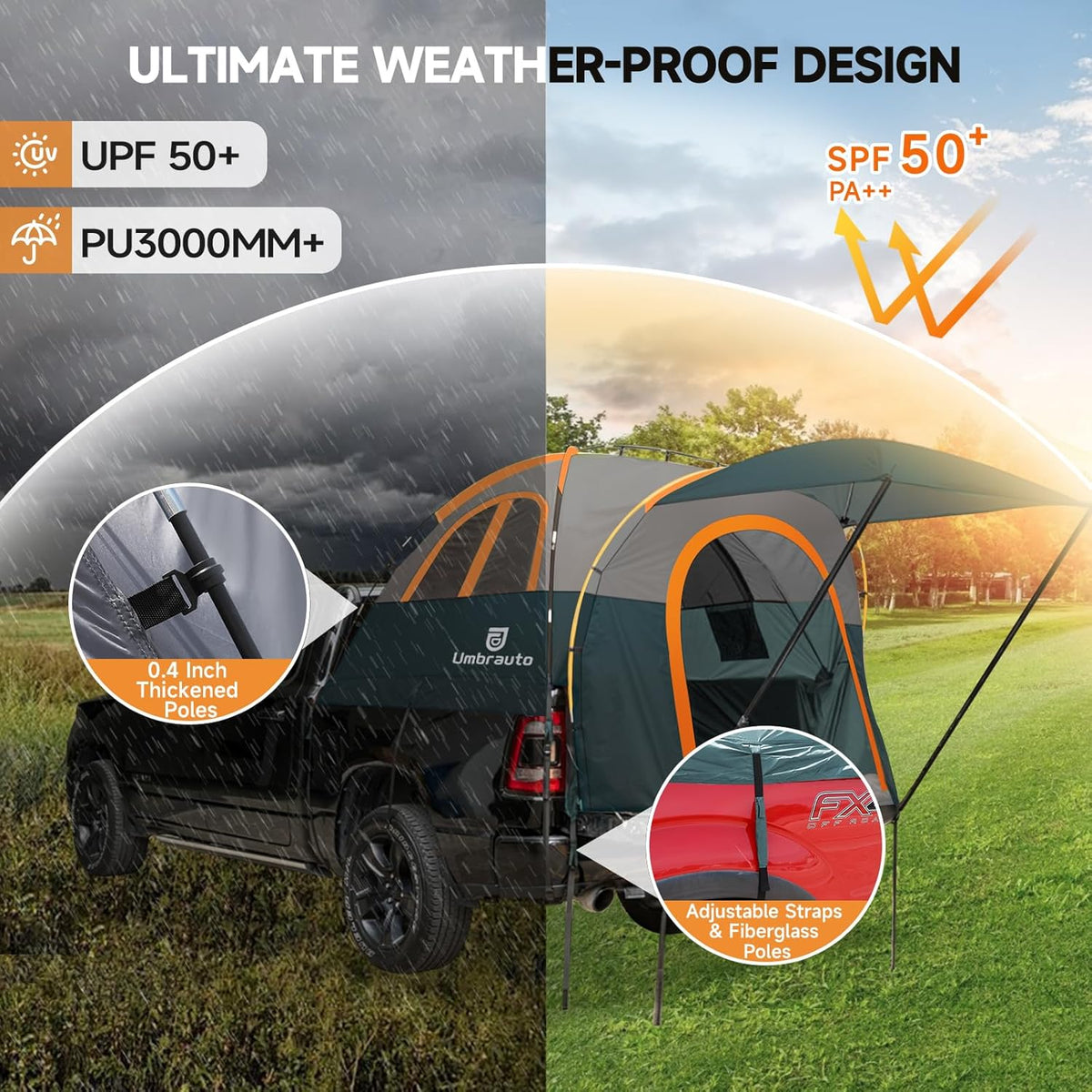 Umbrauto Truck Bed Tent with Awning | Fits 5.5-5.8' Truck Beds | PU3000mm Waterproof Pickup Tent