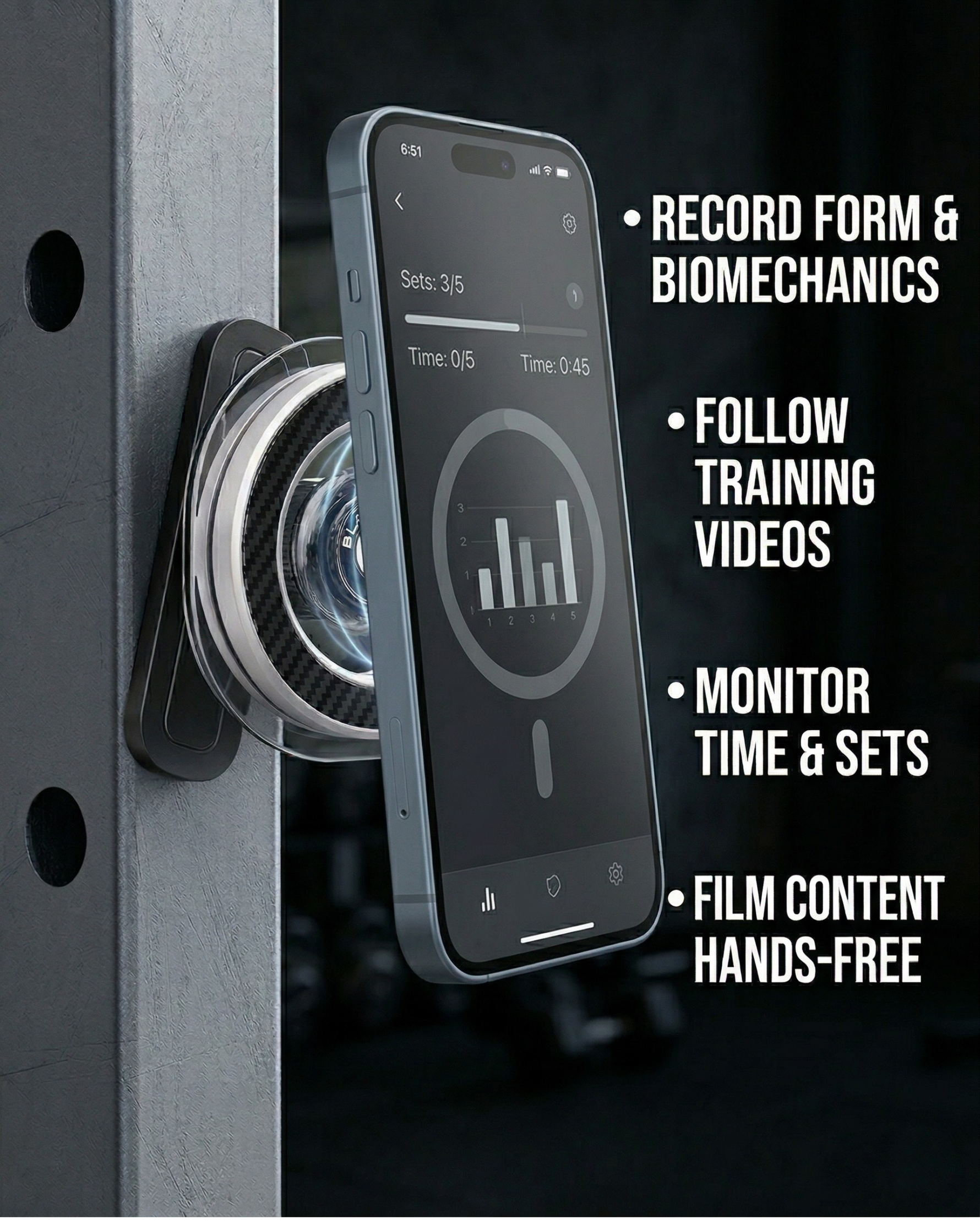 BLAUBECK Magnetic Gym Phone Holder | Carbon Fiber & Acrylic | 360° Ball Joint Mount for Squat Racks, Golf Carts & Metal Surfaces